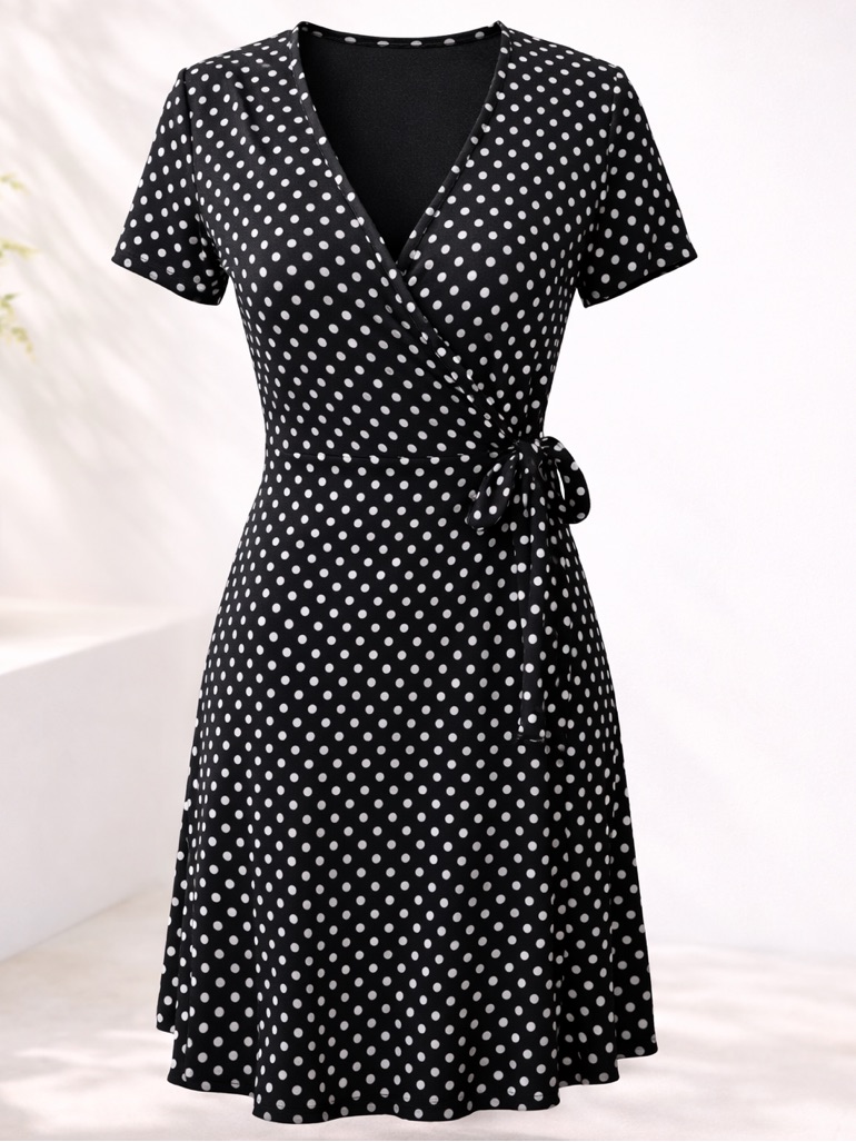 Black White Polka Dot Faux Wrap Dress | V Neck Short Sleeve Mini Dress | Small